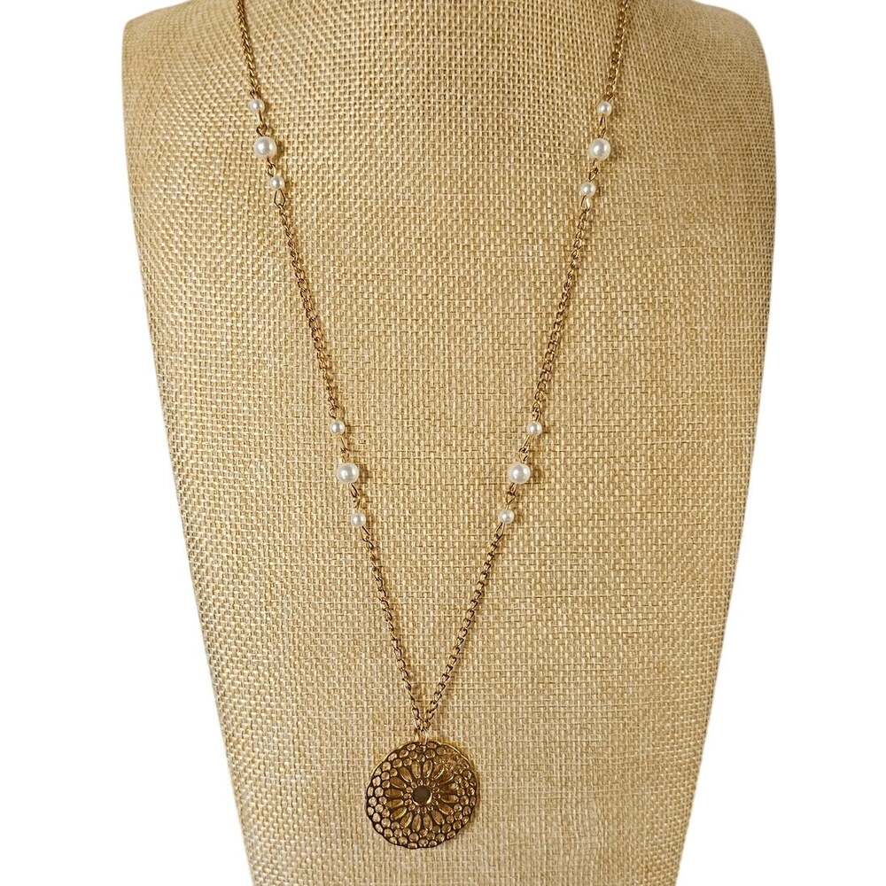 Gold Tone Filigree Medallion Pendant Necklace Faux Pearl Accents 24"